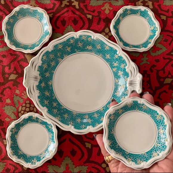 Vintage Porcelain Dessert Plate 4 Petite Dishes Germany Fancy Aqua Cottagecore - Picture 1 of 12